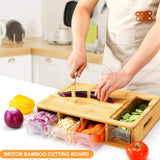 Large Bamboo Chopping Board with 4 Storage Containers & Anti-Slip Pads – Elevated Cutting Board with Juice Grooves