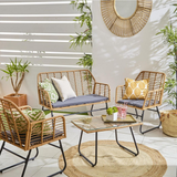 Neo Bamboo Style Rattan Garden Sofa Set with Glass Top Table and 2 Chairs, 4 Piece – Indoor & Outdoor, Grey