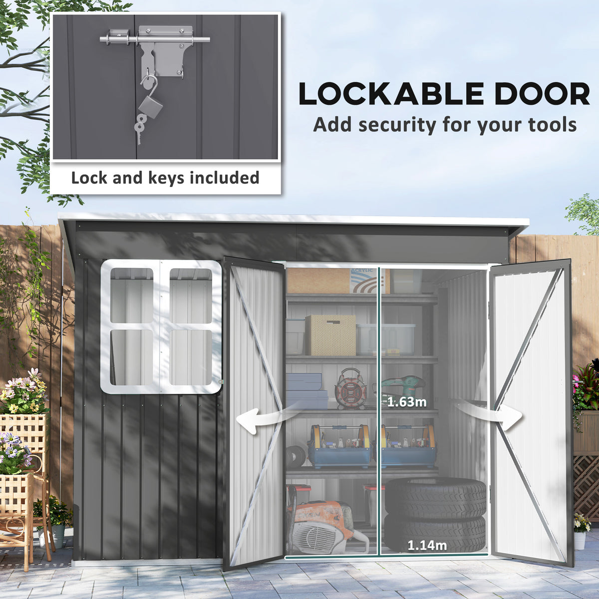 Outsunny 8.5x6ft Galvanised Steel Garden Shed with Foundation Kit, Window & Vents – Lockable Storage, Dark Grey