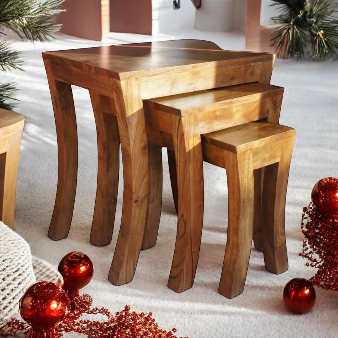 AcaciaHome Set of 3 Solid Wood Nesting Tables – Space-Saving Side Tables, Natural Finish
