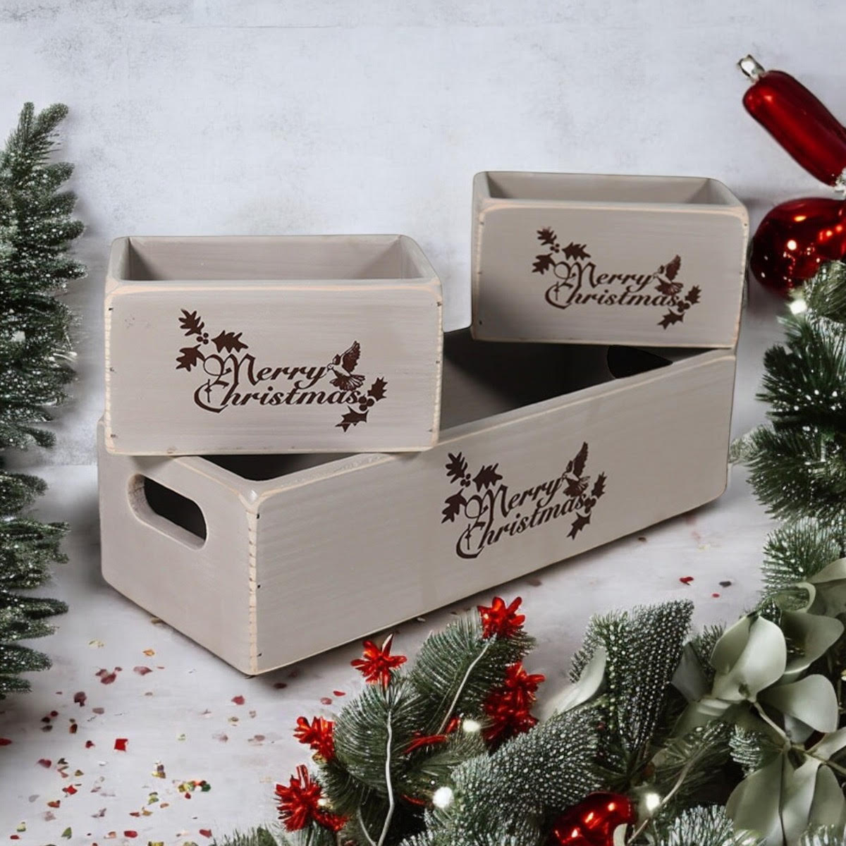 AcaciaHome Vintage Wooden Merry Christmas Storage Crate Set with Sturdy Handles – Festive Rustic Decor