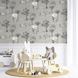 Arthouse Safari Lagoon Wallpaper with Hand-Drawn Safari Animals & Palm Trees – Linen-Look Feature Wall, Grey