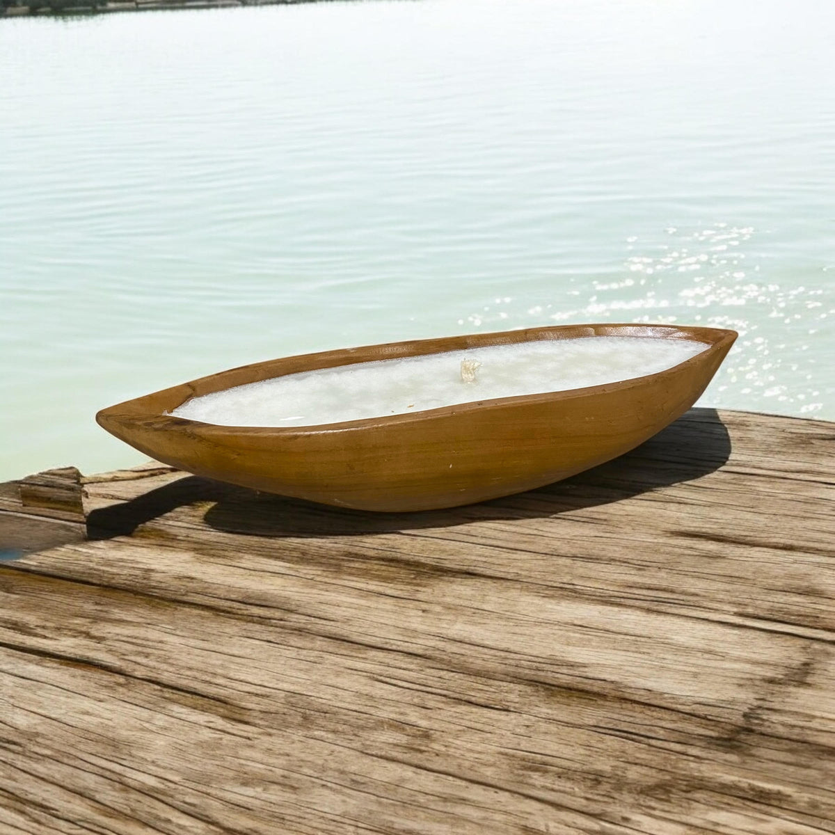 AcaciaHome 40cm Teak Root Boat Bowl with Candle – Handcrafted Natural Wood Centrepiece for Fruit and Snacks