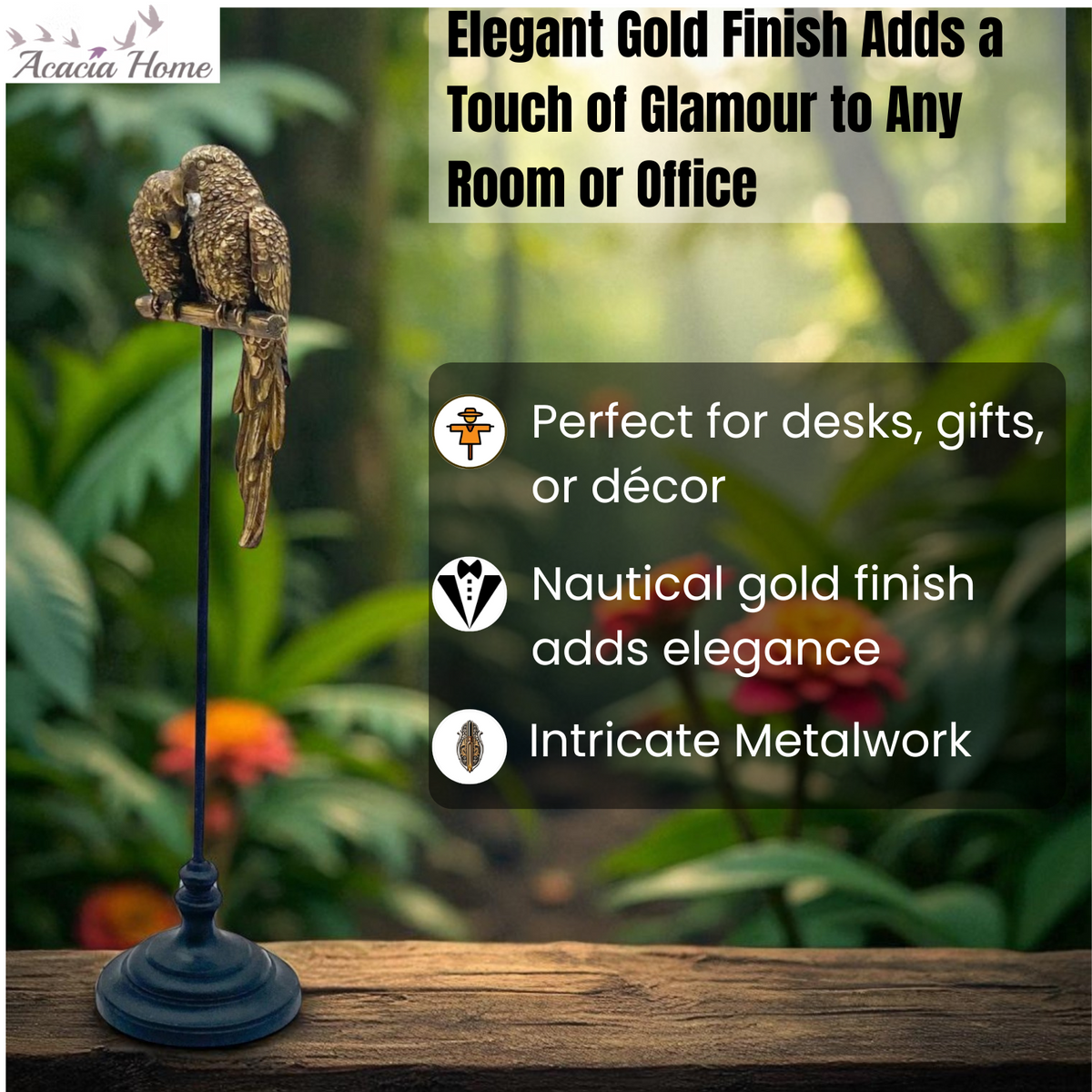 AcaciaHome XL Tall Gold Parrot Sculpture – Resin Decorative Figurine for Home, Office & Patio