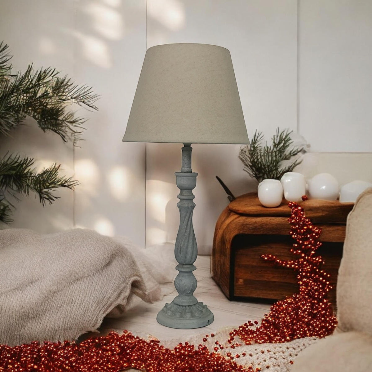 AcaciaHome Tall Washed Wood Table Lamp with Taupe Linen Shade – Shabby Chic & Farmhouse Lighting