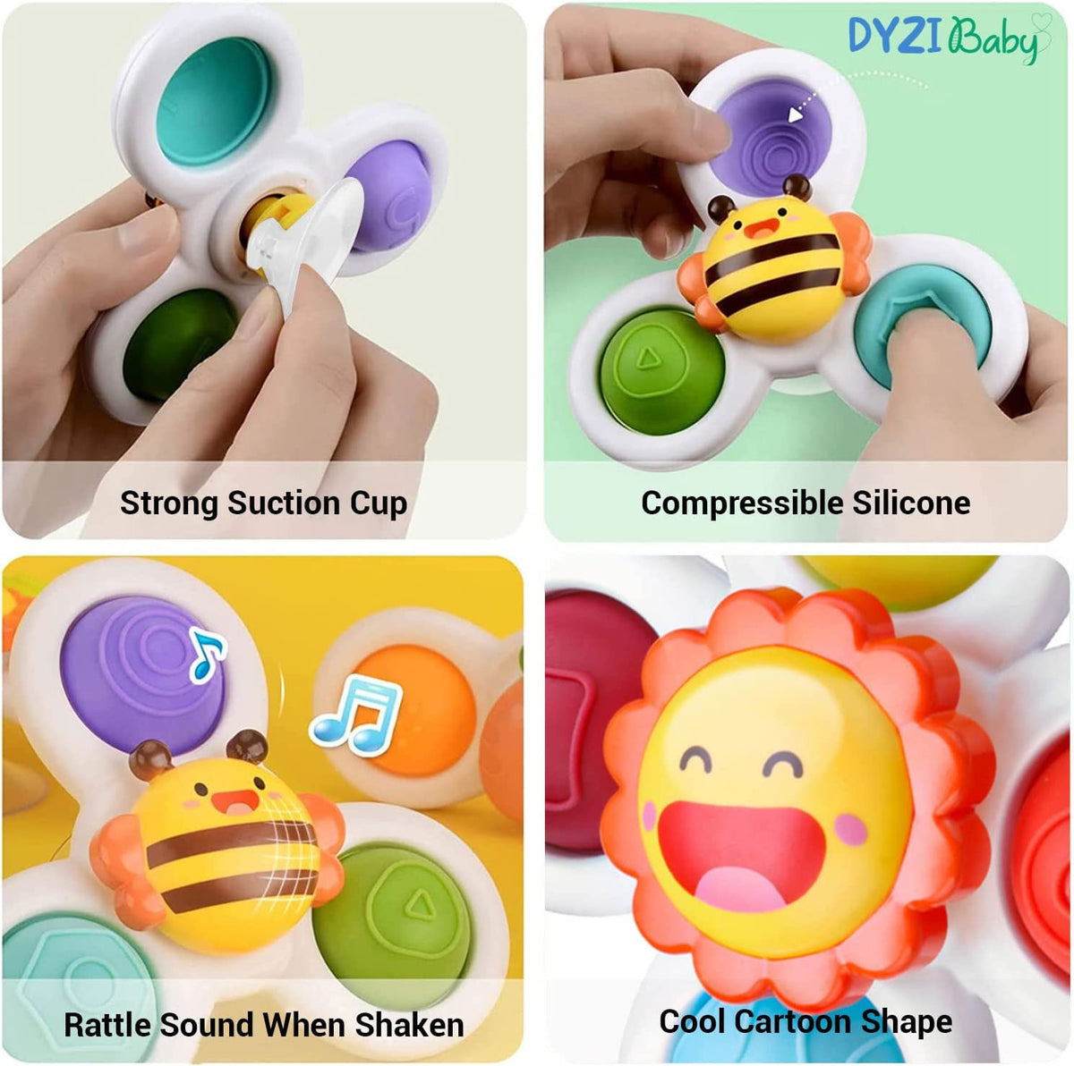 DYZI Suction Cup Spinner Bath Toys – Sensory Toys for Toddlers, Set of 3 Sun, Bee and Carrot Spinners