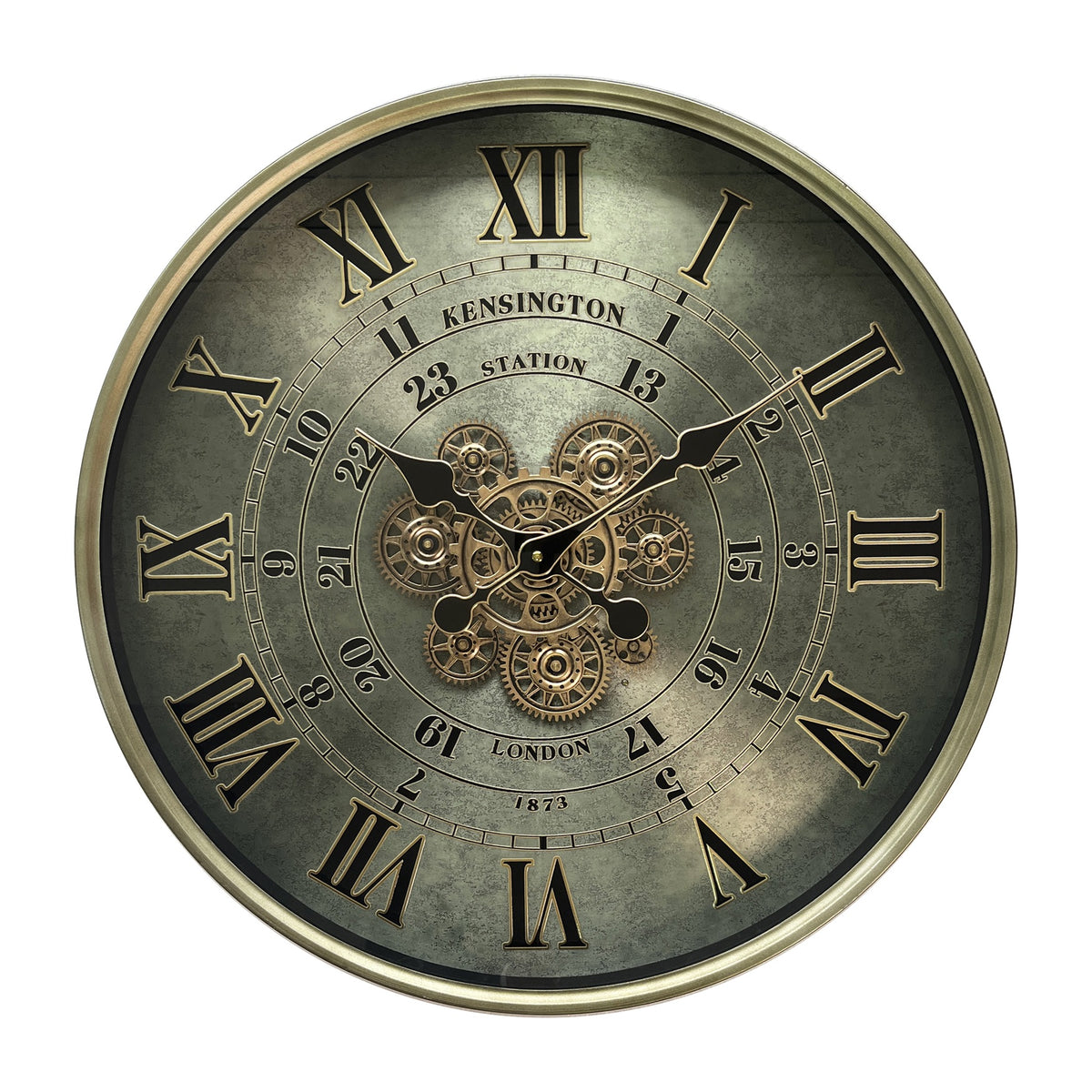AcaciaHome Wall Clock with Moving Gears, Roman Numerals & Art Deco Skeleton Design – Round Metal Frame