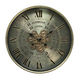 AcaciaHome Wall Clock with Moving Gears, Roman Numerals & Art Deco Skeleton Design – Round Metal Frame