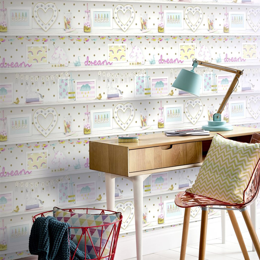 Arthouse Girl's Life Wallpaper with Hearts, Rainbows & Flamingos – Glitter Gel Bedroom Feature Wall, Multi