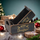 AcaciaHome Vintage 'Merry Xmas' Wooden Storage Crates, Set of 2 – Stackable with Handles, Black