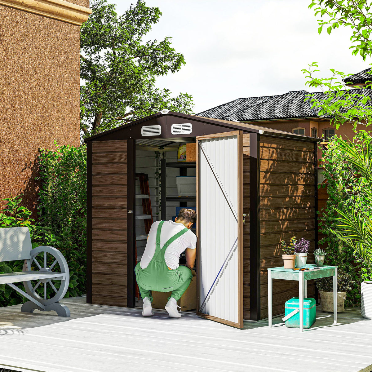 Outsunny 6.2 x 4.3ft Galvanised Steel Garden Shed with Vents & Sloped Roof – Outdoor Tool Storage, Oak