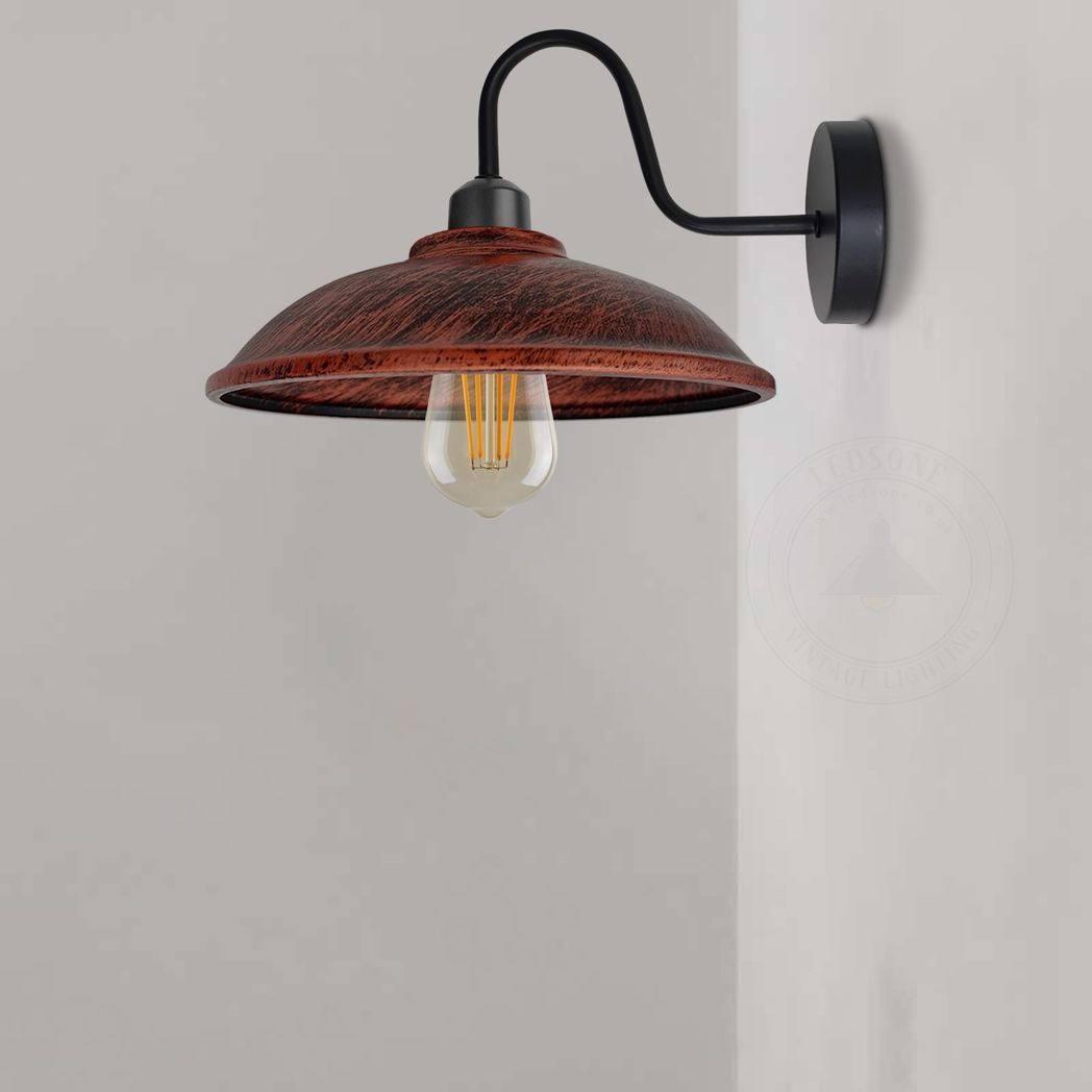 Vintage Hemisphere Wall Light with Swan Neck Arm & E27 Socket – Dimmable Metal Sconce, Rustic Red