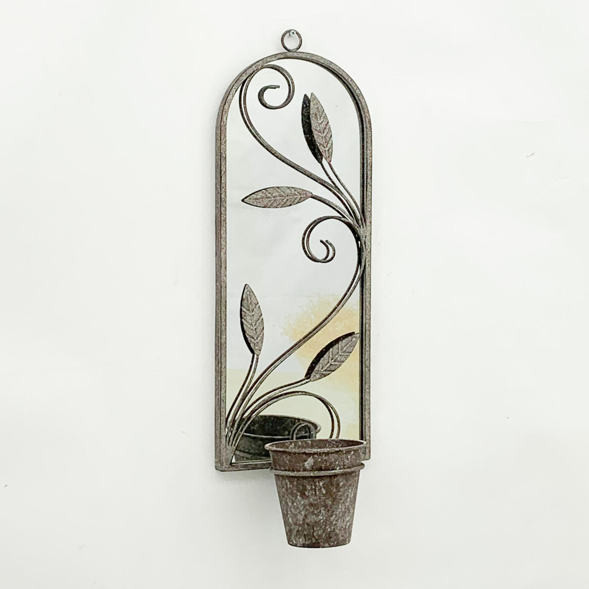 Elegant Rustic Arched Garden Wall Mirror with Flower Pot Holder – Patina Finish, Glass & Metal Frame