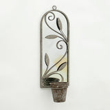 Elegant Rustic Arched Garden Wall Mirror with Flower Pot Holder – Patina Finish, Glass & Metal Frame