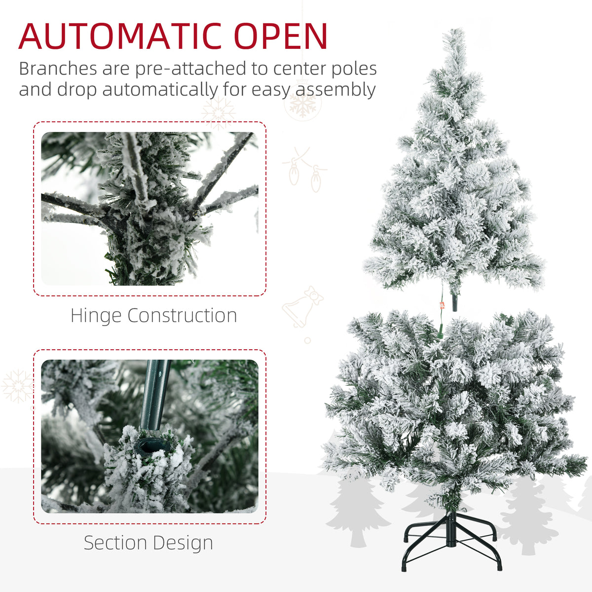 HOMCOM 4.5ft Artificial Flocked Christmas Tree with 150 LED Lights, Snow-Tipped Branches – Indoor Xmas Decor
