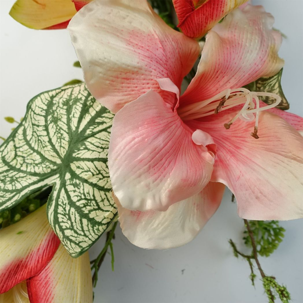Leaf Luxury Artificial Pink Lily Wreath – 60cm Floristry Door Wreath with Woven Base