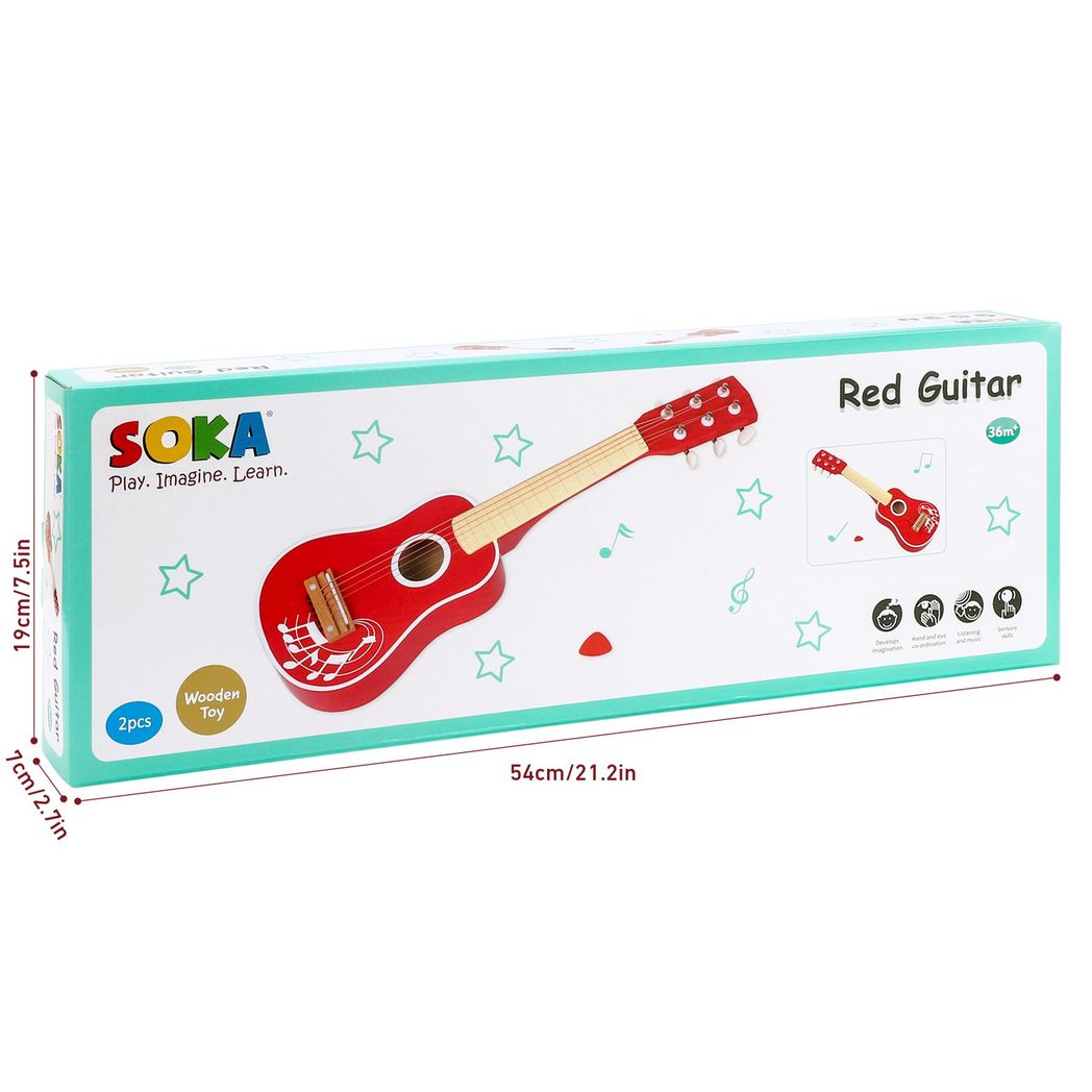 SOKA Wooden Toy Acoustic Guitar with 6 Strings – Kids Musical Instrument, Role Play & Music Learning, Red