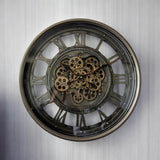 AcaciaHome 60cm Industrial Roman Numeral Wall Clock with Moving Gears – Quartz, Black & Grey