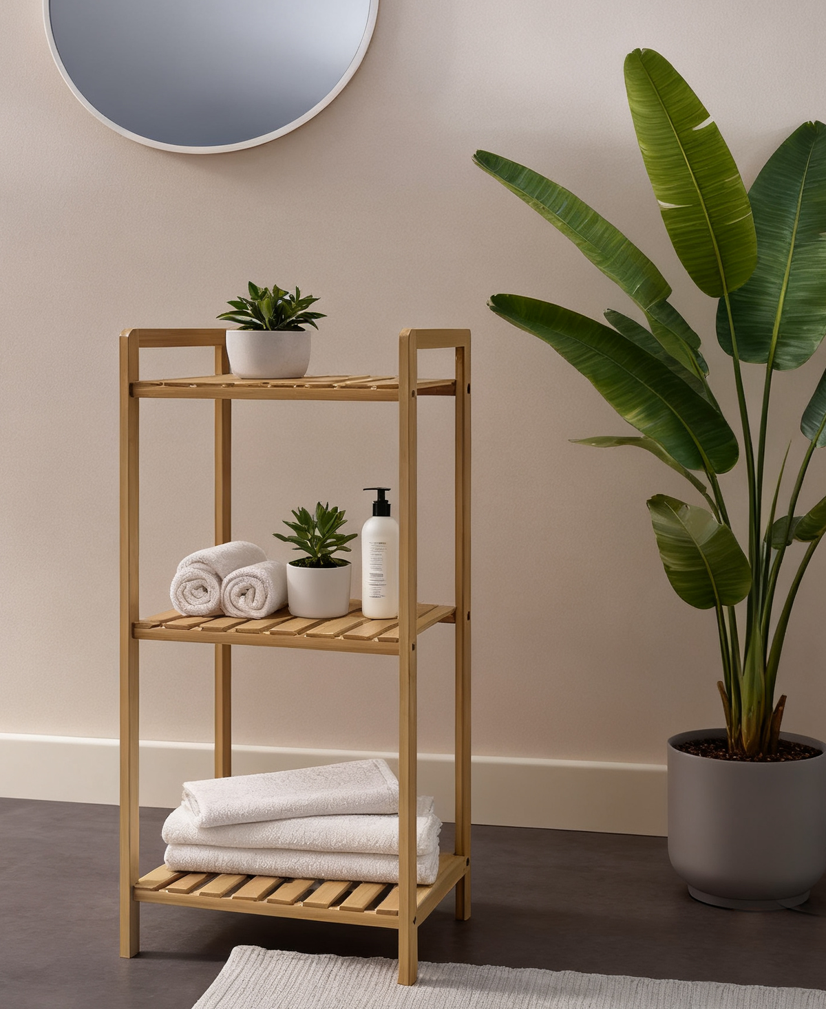 Avilo 3 Tier Bamboo Storage Shelf with Slatted Design – Freestanding Rack for Bathroom & Bedroom