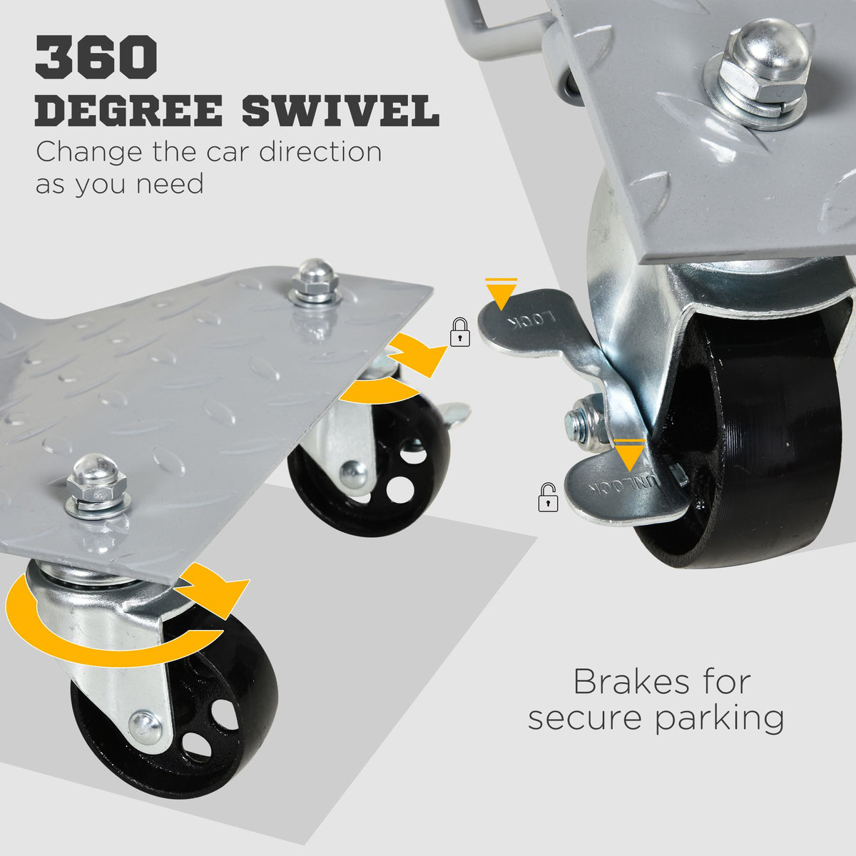 DURHAND Car Wheel Dollies with Lockable Swivel Casters, Set of 2, 680kg Capacity – Vehicle Moving Skates, Grey