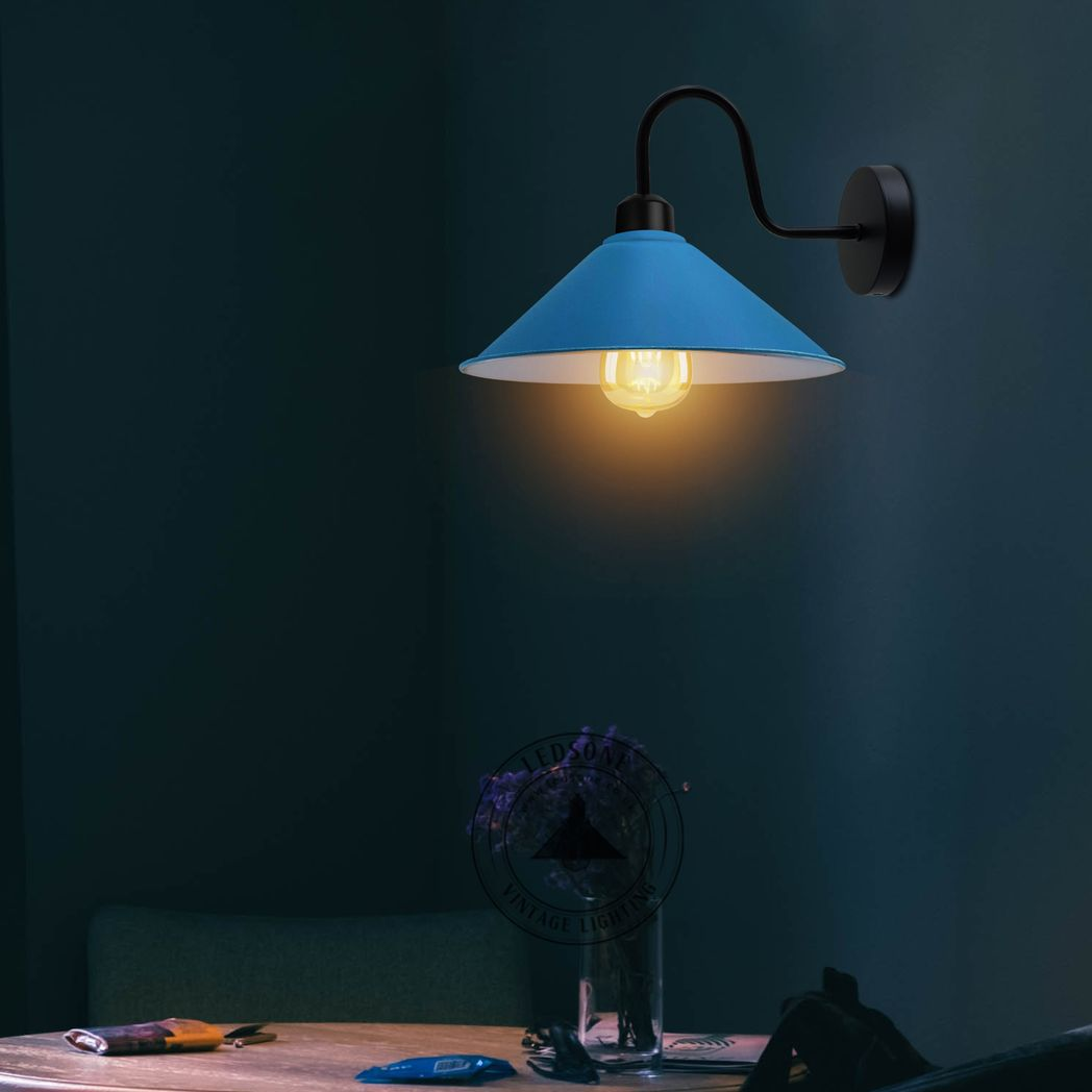 Vintage Swan Neck Wall Light, Cone Shade, E27 Socket – Dimmable Indoor Wall Sconce, Blue
