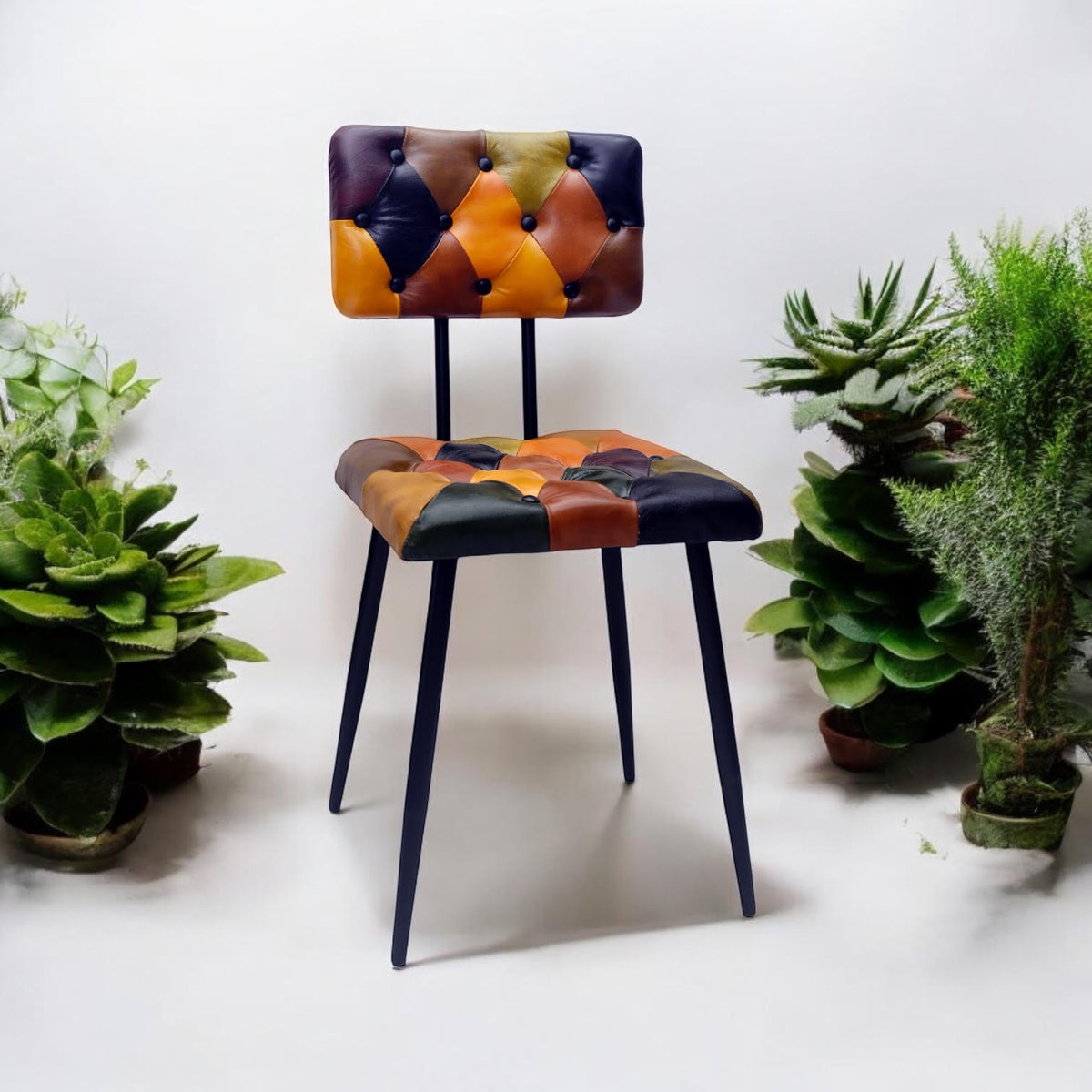 AcaciaHome Retro Patchwork Leather Dining Chair with Metal Legs – Mid-Century Style Accent Chair