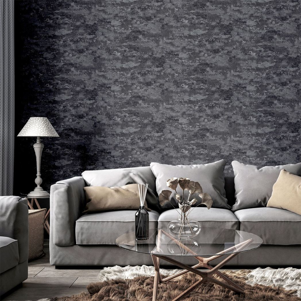 Arthouse Patina Heavyweight Vinyl Wallpaper with Metallic & Glitter Effects – Textured Design, Charcoal/Silver