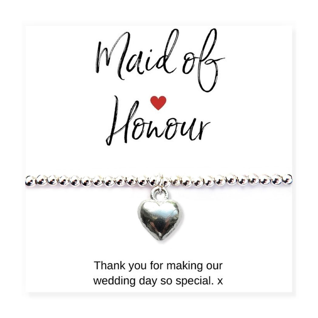 Aye Do Gifts Maid of Honour Silver Plated Puff Heart Bracelet & Thank You Card