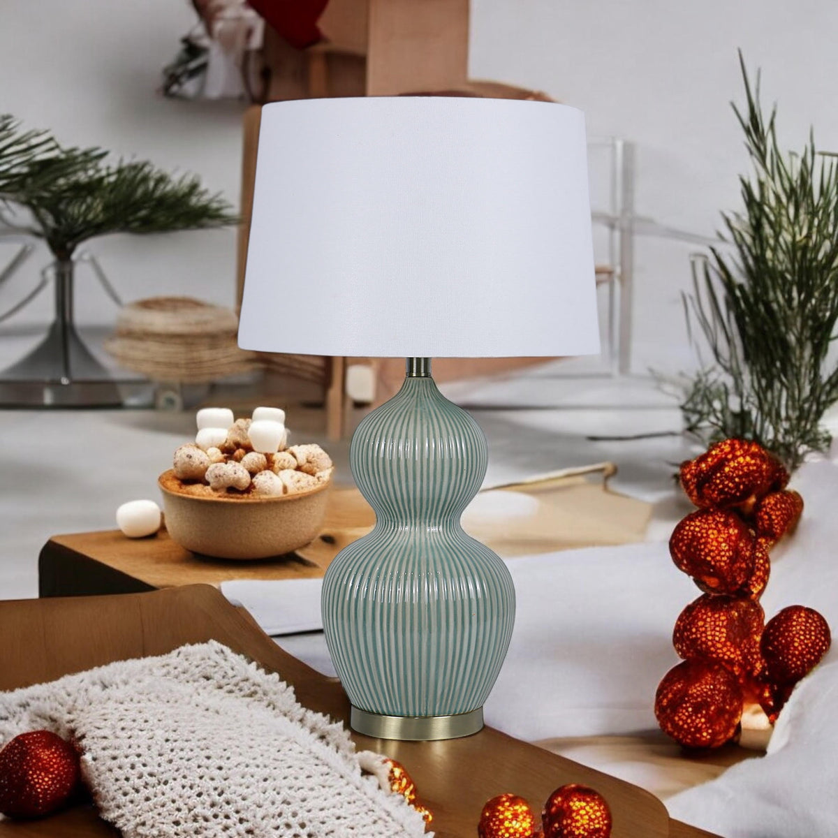 Cream Ceramic Table Lamp with Striped Base and Handmade Pleated Drum Shade – 3 Layer, 59cm Shade, Living Room or Hallway