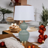 Cream Ceramic Table Lamp with Striped Base and Handmade Pleated Drum Shade – 3 Layer, 59cm Shade, Living Room or Hallway