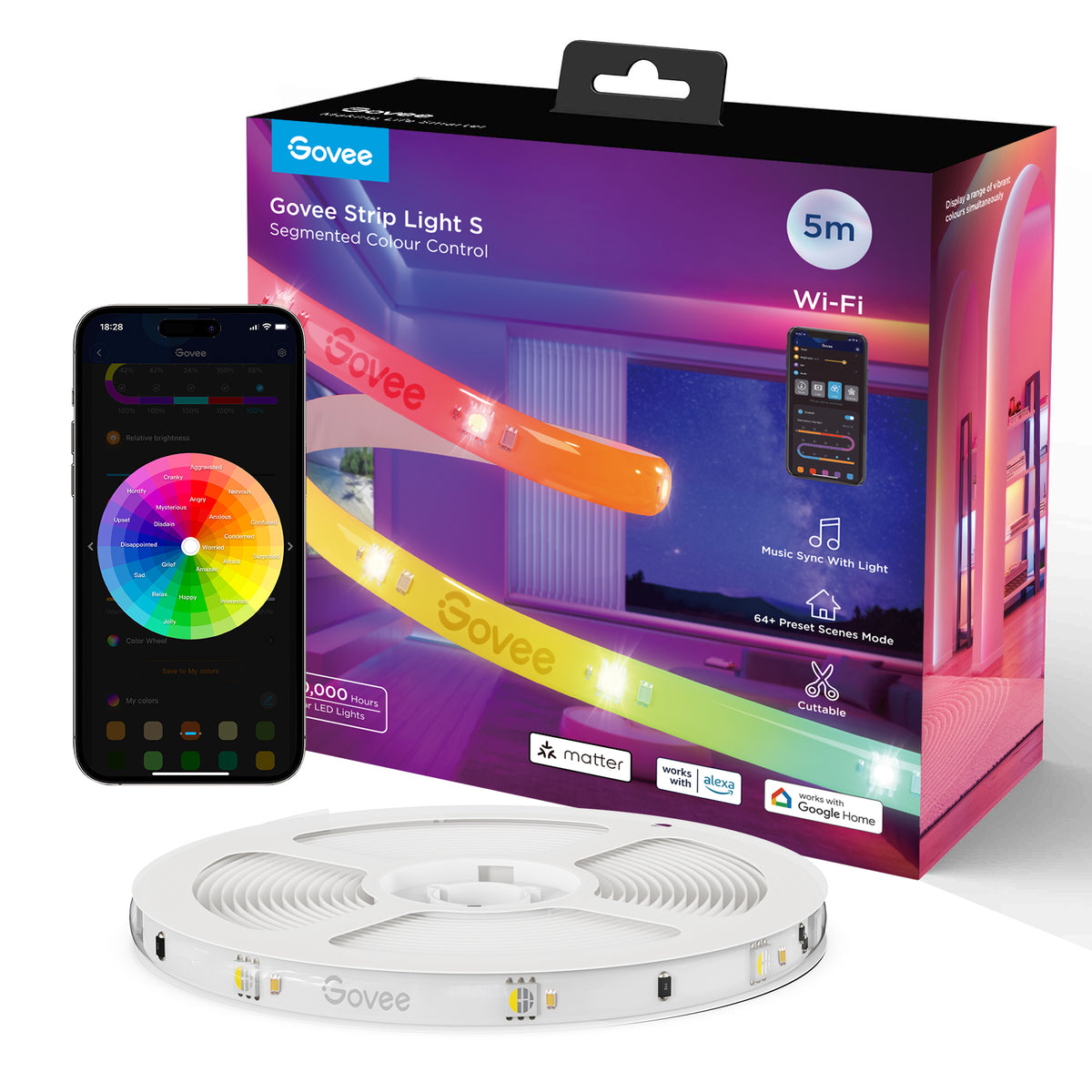 Govee RGBICW LED Strip Lights, 5m with Wi-Fi & Bluetooth Control – Colour-Changing Room Lighting