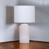 Cream Ceramic Striped Table Lamp with Handmade Drum Shade – Living Room & Bedroom Lighting