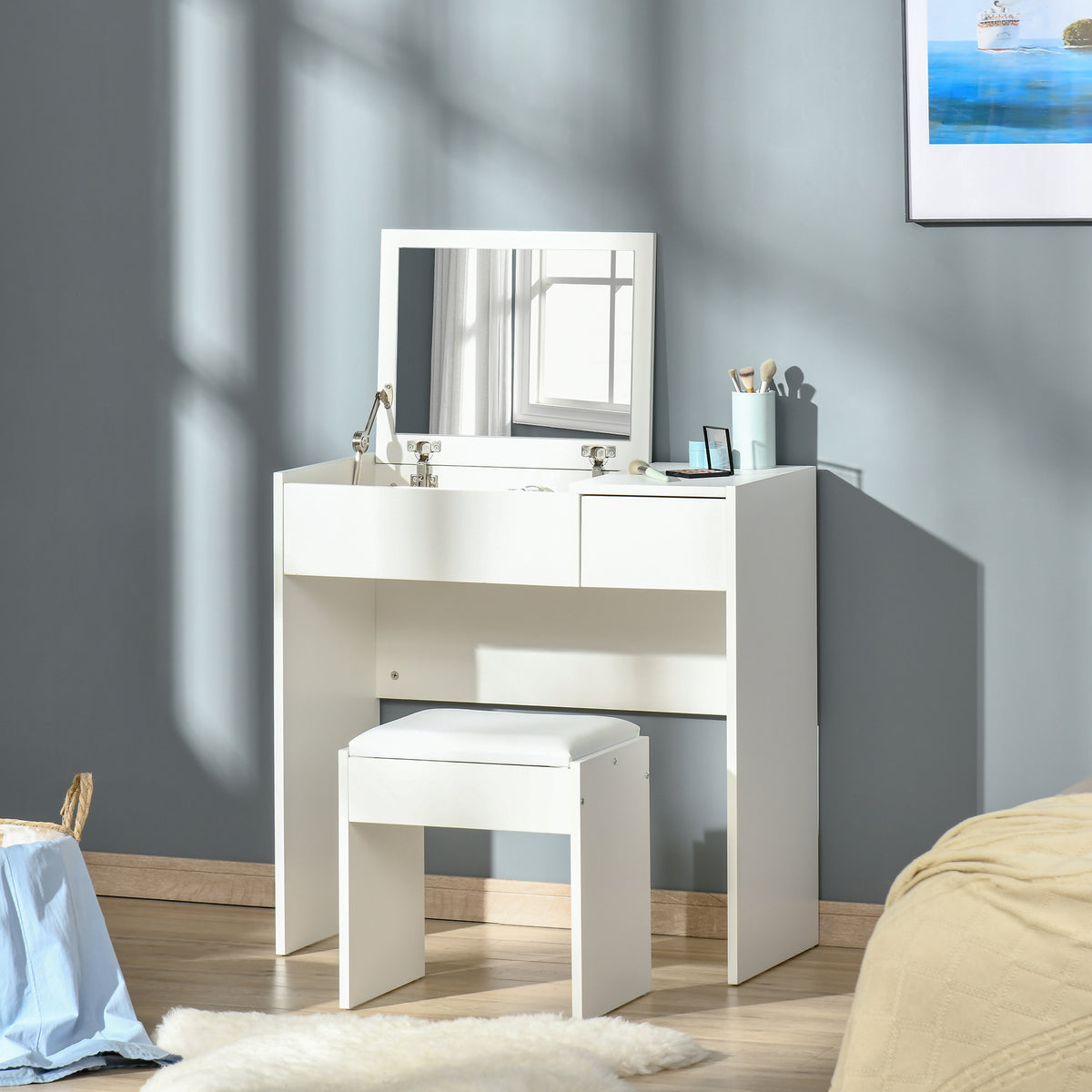 HOMCOM Flip-Top Mirror Dressing Table Set with Cushioned Stool – Vanity and Writing Desk, White