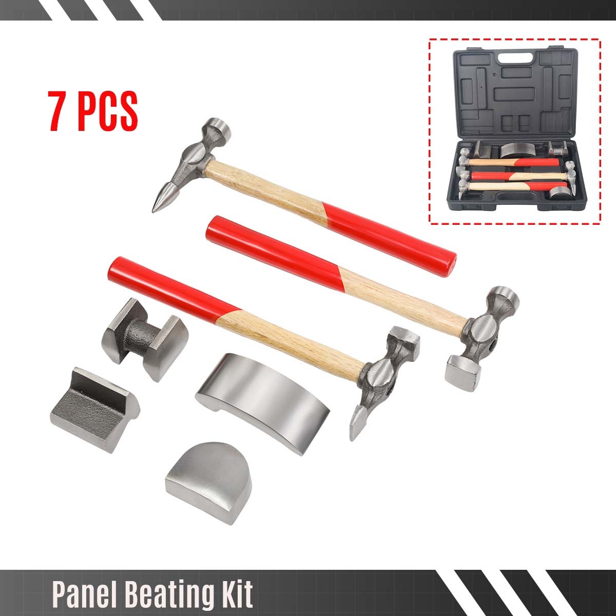 7-Piece Auto Body Repair Kit – Panel Beating Hammer and Dolly Set with Storage Case for Dents & Dings