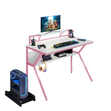 Neo 2-Tier Gaming Computer Desk with Monitor Shelf, Headphone Hooks & Carbon Fibre Texture Top – Pink