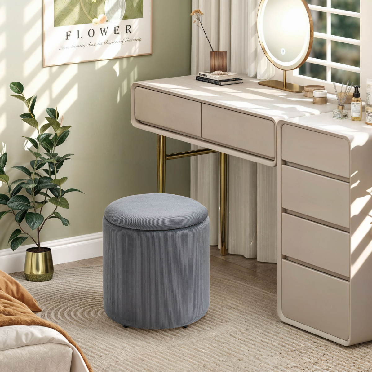 HOMCOM Fabric Storage Ottoman Set of 2 with Removable Lids – Nesting Footstools, Corduroy, Light Grey