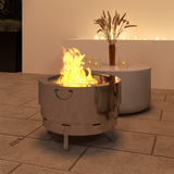Outsunny Round Stainless Steel Fire Pit with Grill Net and Poker – Portable Garden Firepit, Silver