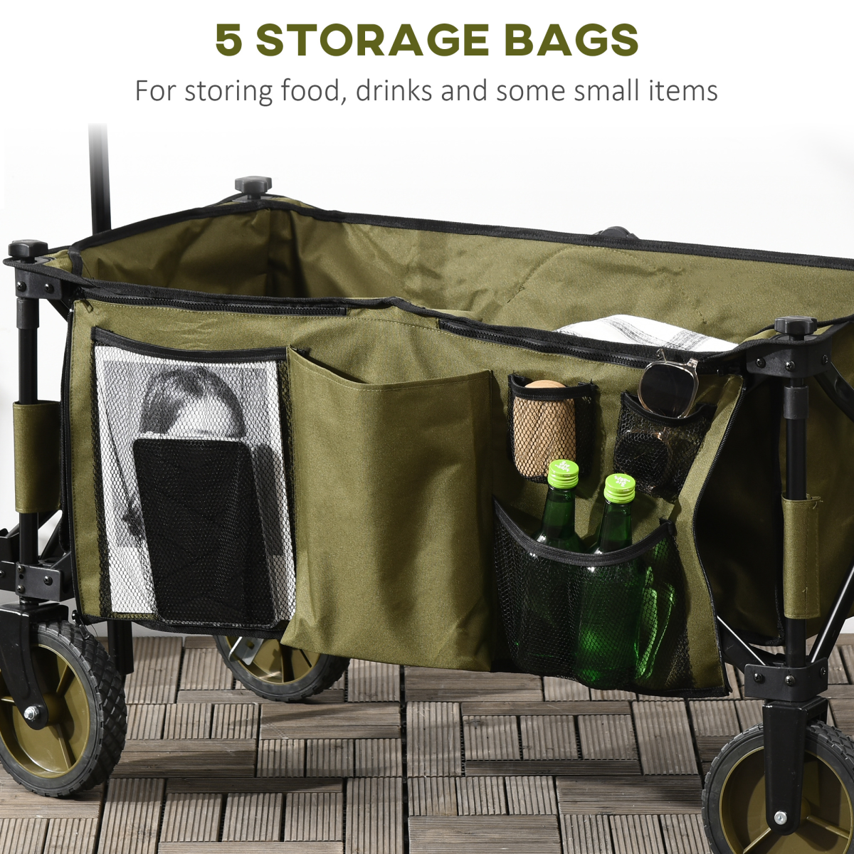 Outsunny Folding Garden Trolley with Fabric Bag & Top Cover, 100kg Load – Collapsible Steel Camping Cart
