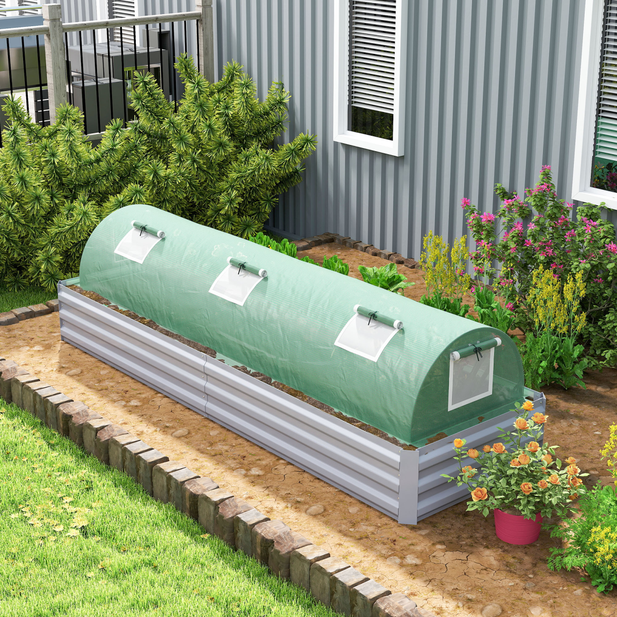 Outsunny 3m Portable Mini Greenhouse Tunnel with 140gsm PE Cover & 5 Mesh Windows – Crop Protection