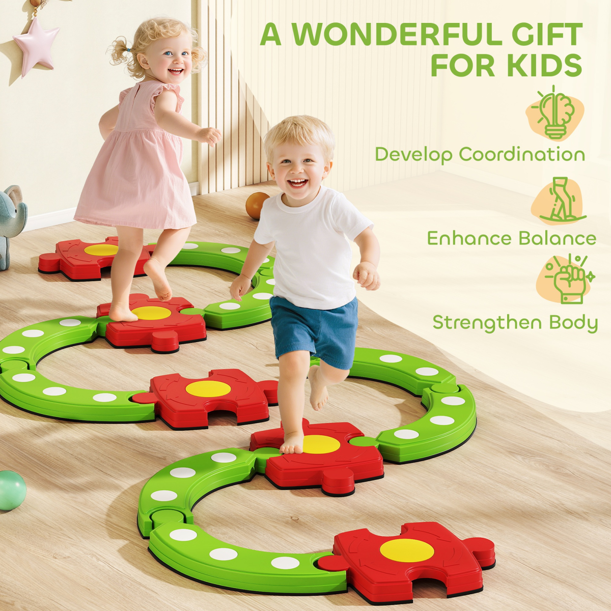 AIYAPLAY Kids Stepping Stones Balance Beam – Modular Indoor Outdoor Sensory Toy for Ages 3-8, Green