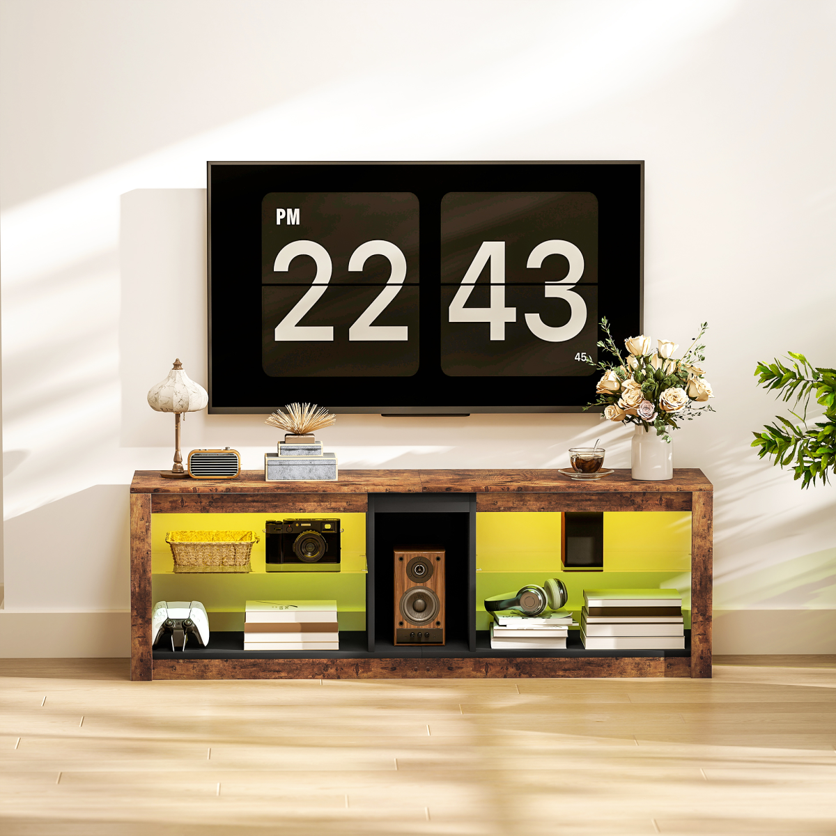 HOMCOM TV Stand with LED Lights & Remote Control – Entertainment Centre for TVs up to 65 Inch, Rustic Brown