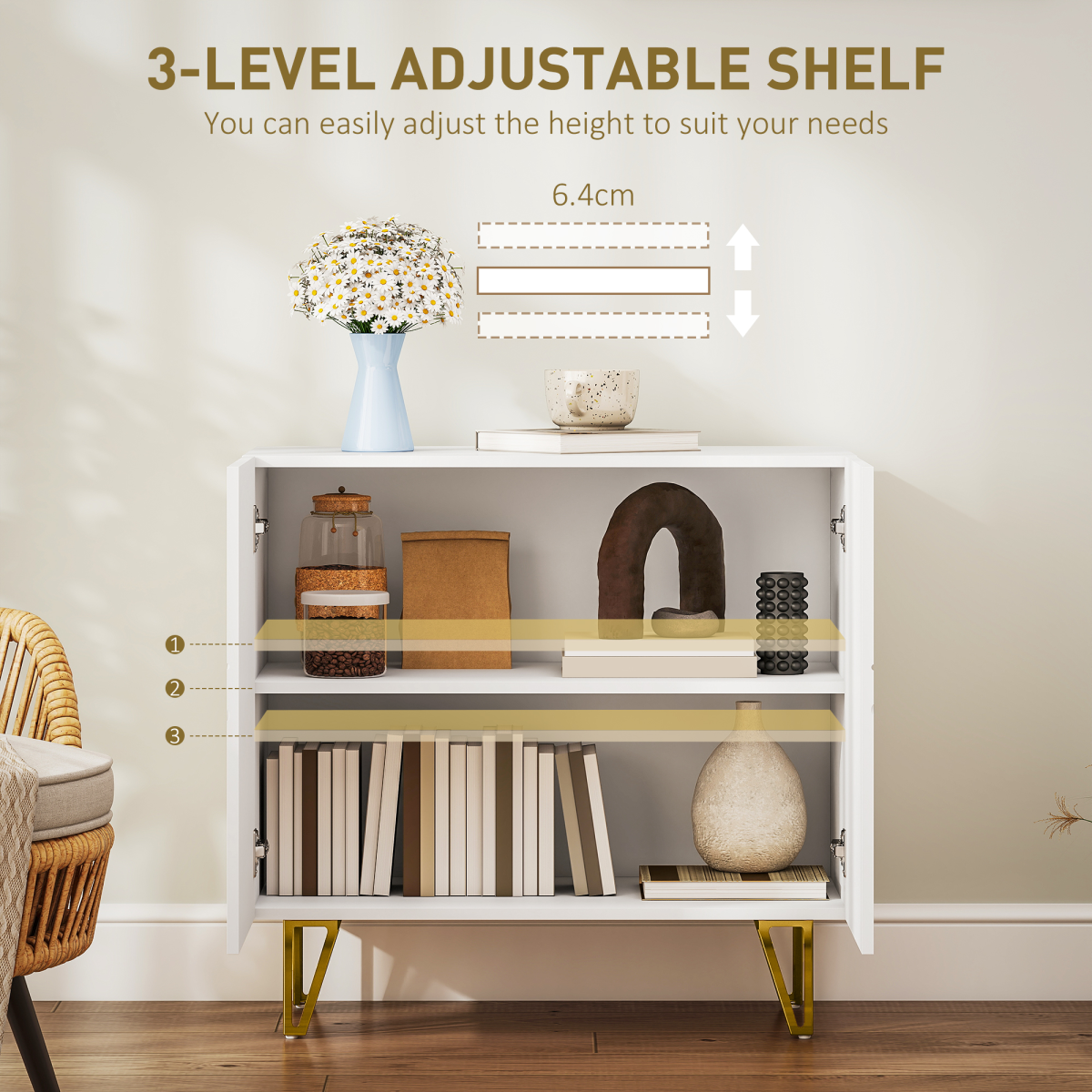 High Gloss White Sideboard Cabinet with Gold Hairpin Legs, Soft-Close Hinges & Adjustable Shelf