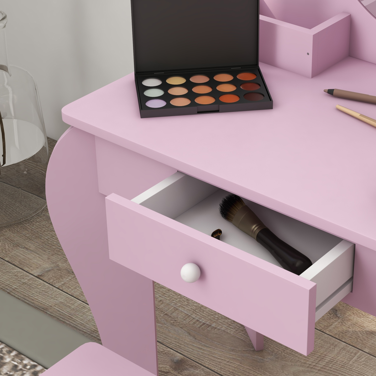 ZONEKIZ Kids Dressing Table with Mirror, Stool, Drawer & Side Storage Boxes – Cat Design Vanity Set, Pink