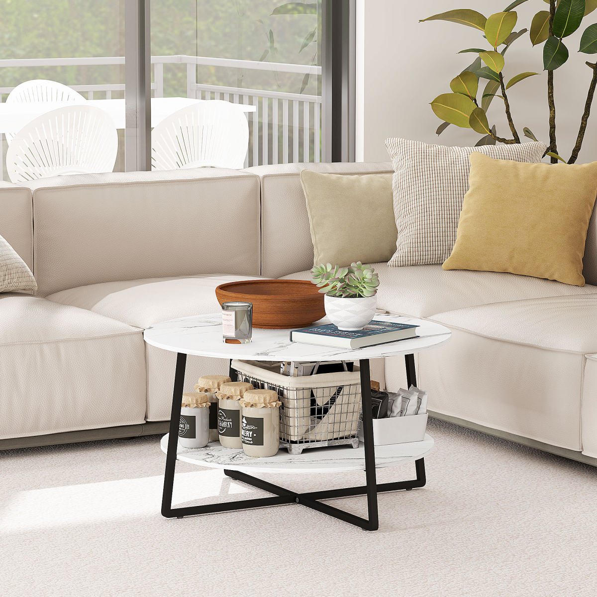 HOMCOM Round Coffee Table with Storage Shelf and Marble-Effect Top, 80cm – Steel Frame Living Room Table, White
