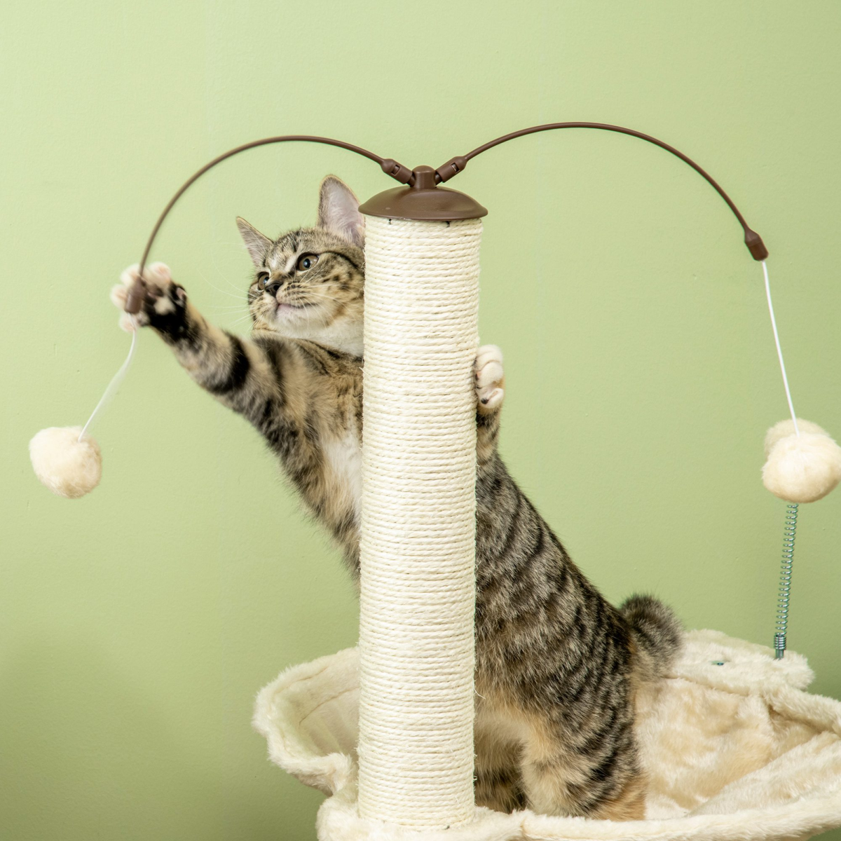 PawHut Cat Tree for Indoor Cats with Sisal Scratching Posts, Hammock & Toy Ball – Beige, 90cm