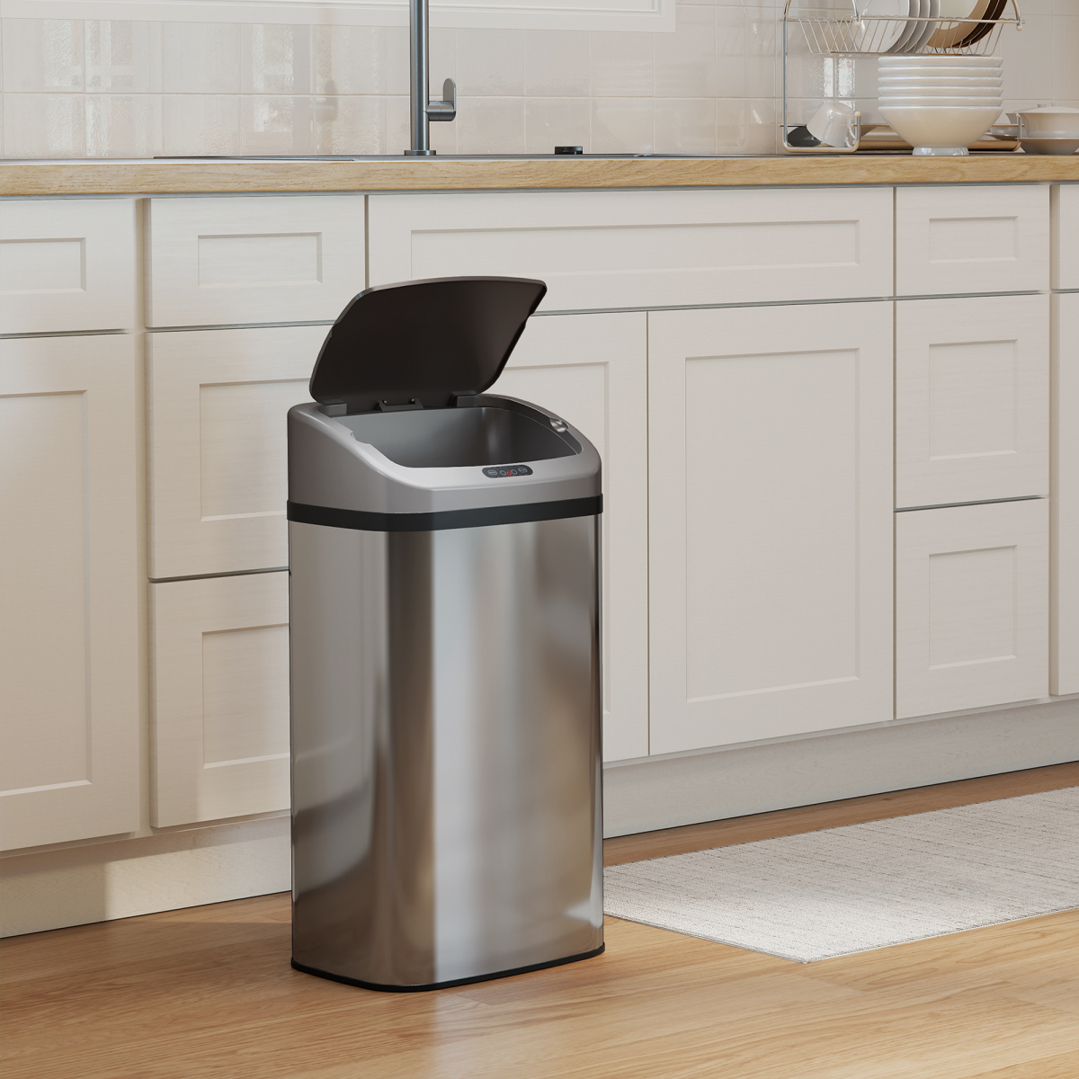 HOMCOM 48L Stainless Steel Sensor Bin with Infrared Lid & Automatic Close – Touch-Free Kitchen Bin, Silver