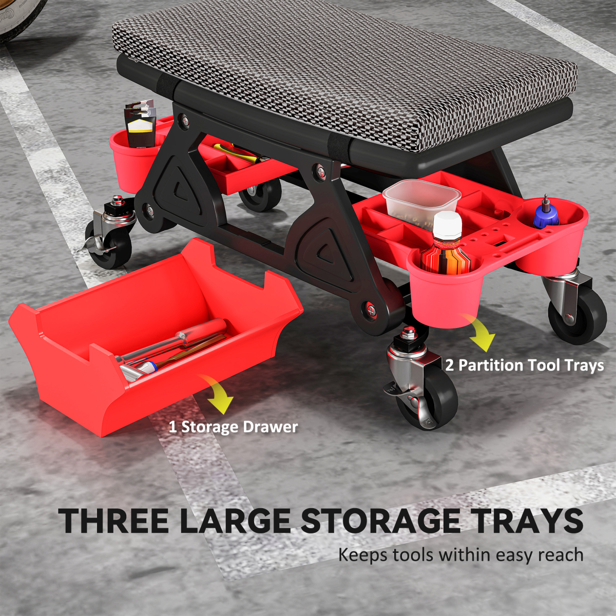 HOMCOM Rolling Mechanic Stool with Tool Trays, Drawer & Padded Seat – 135kg Capacity Workshop Stool, Black