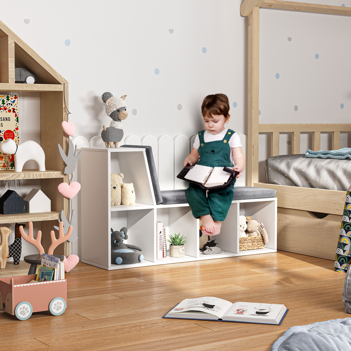 2-Tier Modern Bookcase with Removable Cushions – Storage & Bench Seat for Offices and Kids' Rooms, White