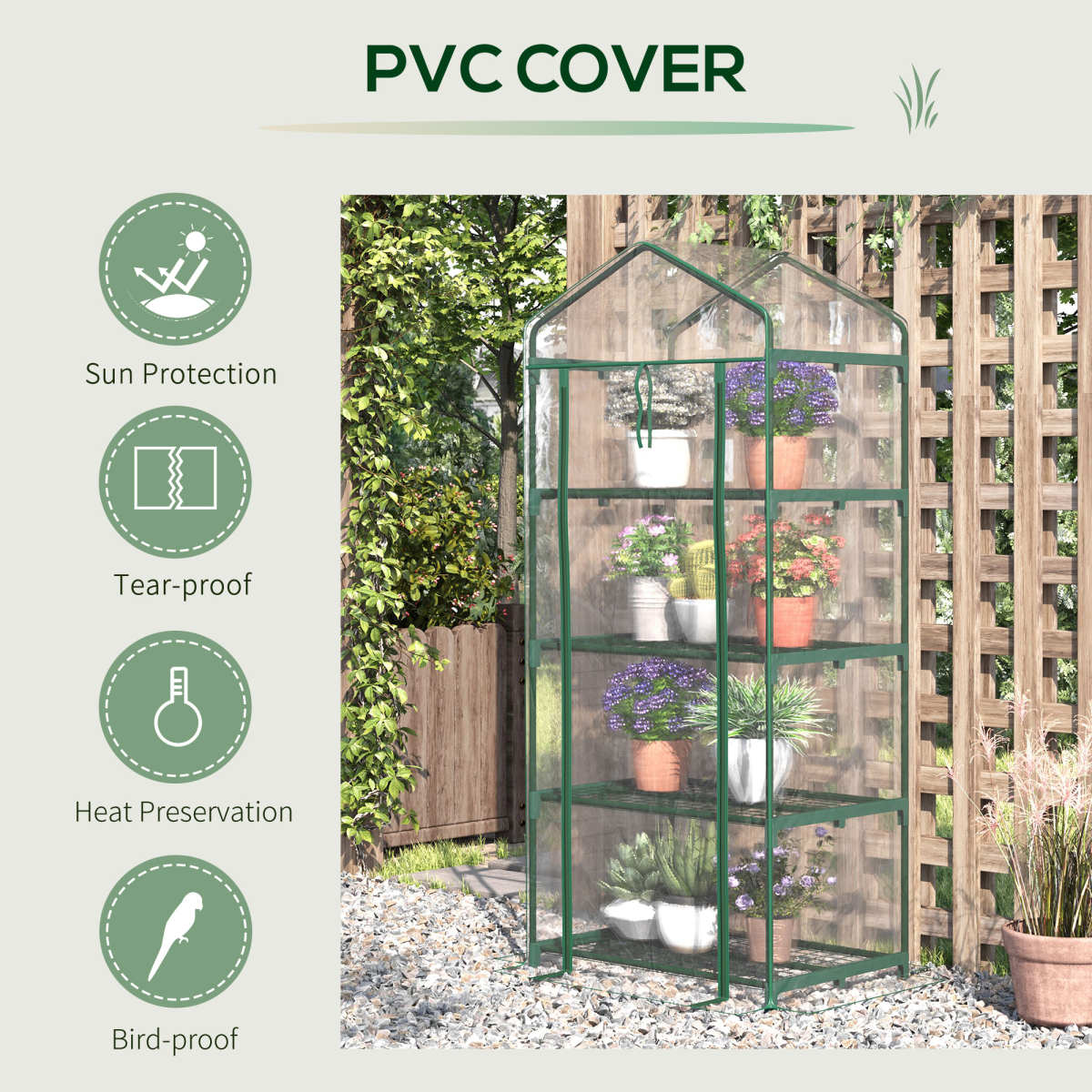 Mini Greenhouse with 4 Shelves, Steel Frame & Roll-Up Zipped PVC Cover – 70 x 50 x 160cm Grow House, Dark Green