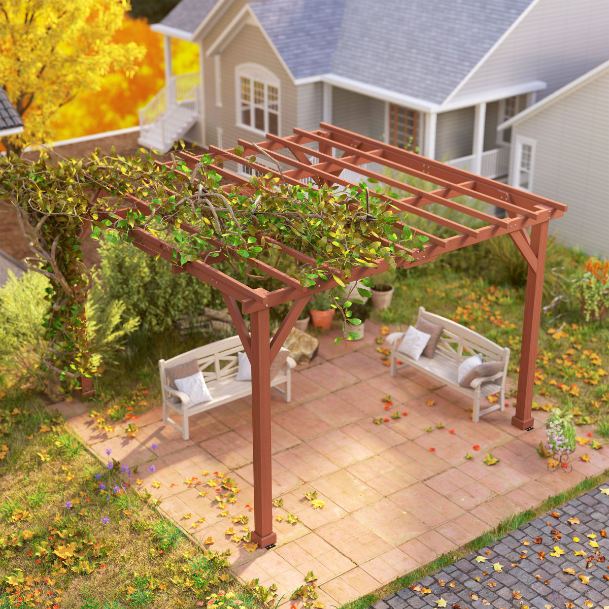 Outsunny 3.3x3.3m Wooden Pergola Kit with Fir Wood Columns & Crisscross Beams – Garden Gazebo, Brown